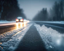 A line of cars move toward the camera. The glowing headlights on the cars illuminate the icy road.